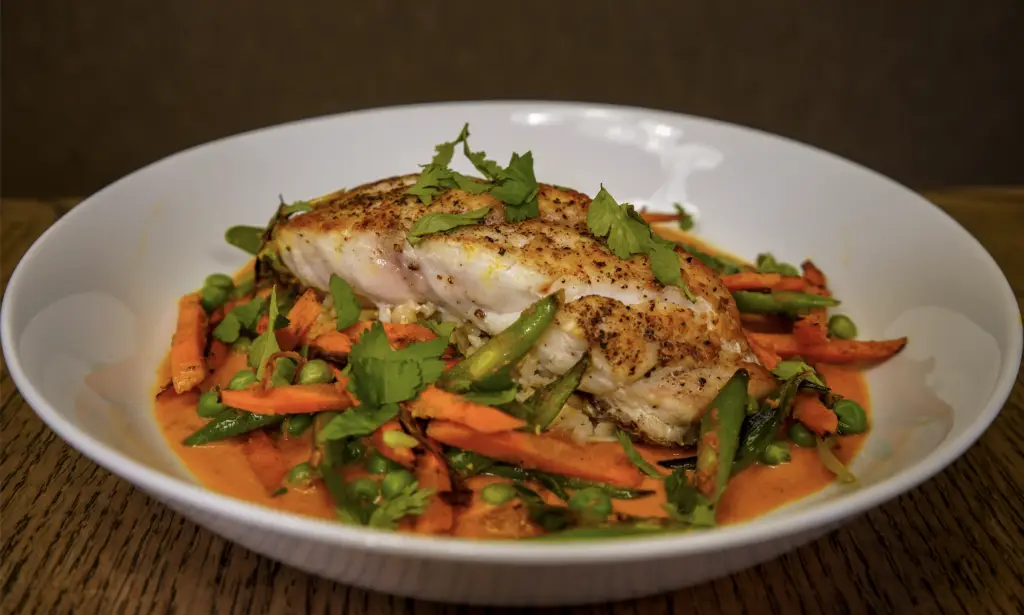 prepared grouper filet with Ginger & Coconut Curry recipe cover photo